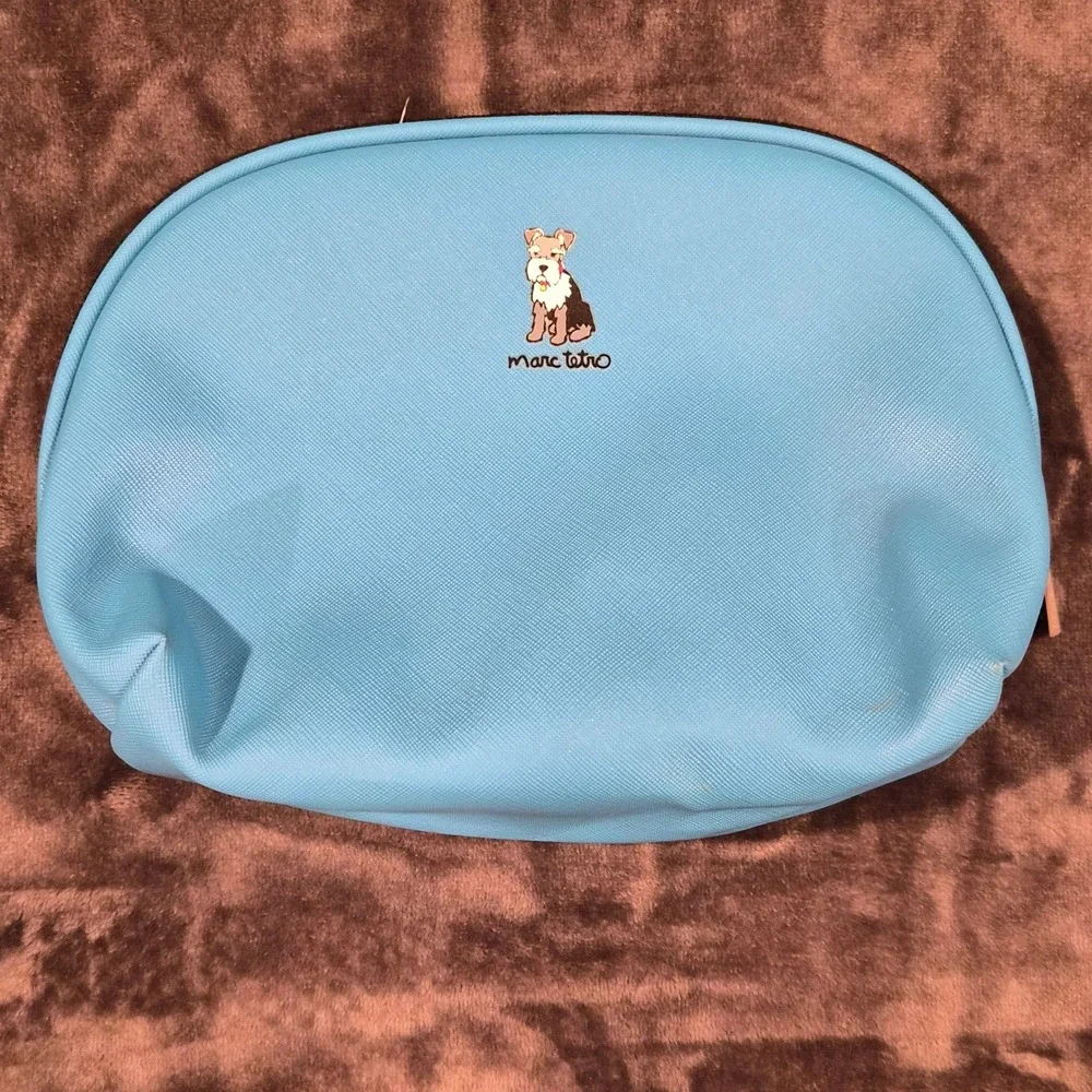 Marc Tetro Schnauzer Blue Saffiano Vegan Leather Cosmetic Makeup Bag Pouch